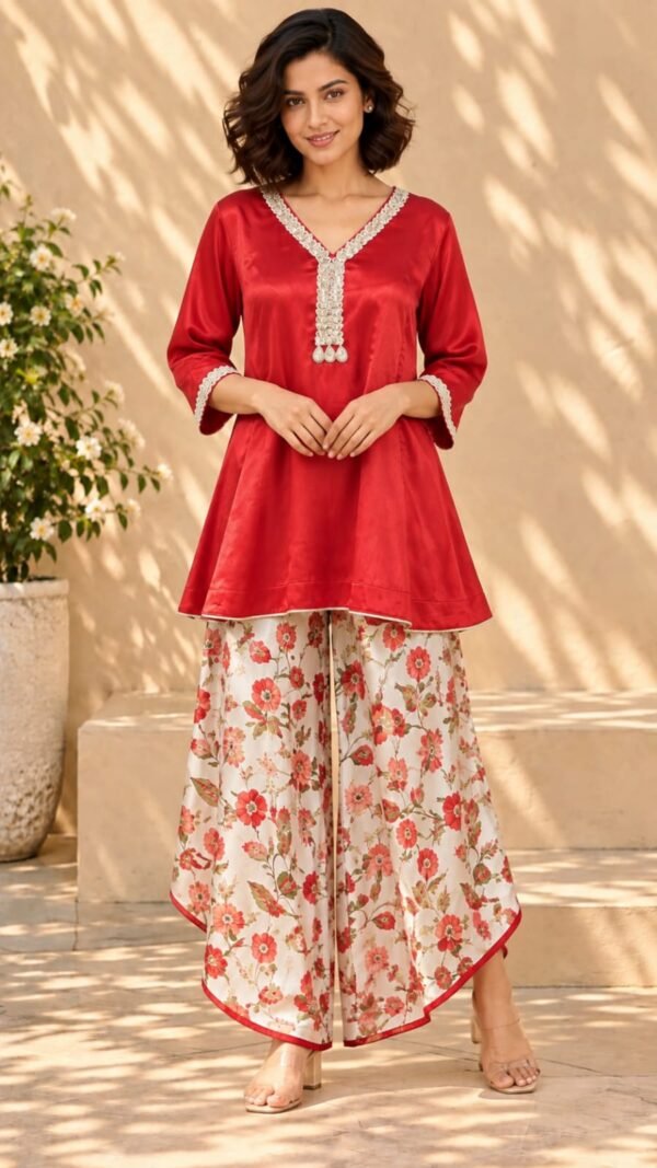 gulmohar-red-satin-kurta-with-floral-palazzo