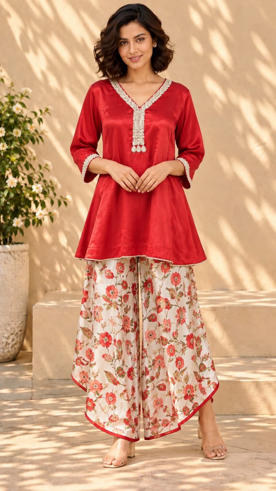 gulmohar-red-satin-kurta-with-floral-palazzo